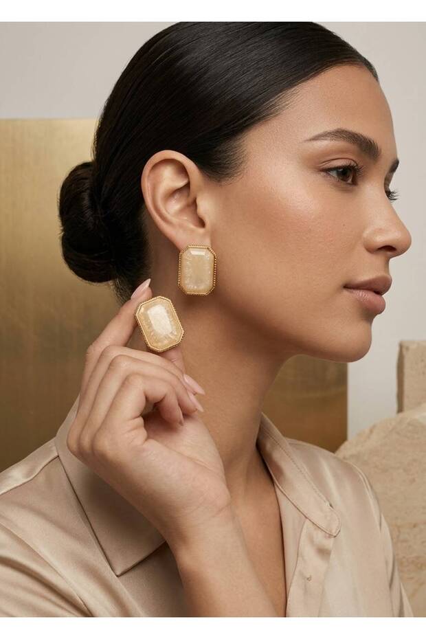 Women's Gold Framed Pearlescent Geometric Rectangular Earrings - Cream