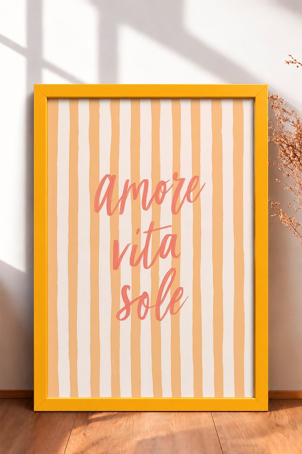 Amore Vita Sole Written Line Typography Framed Painting Italy Poster Wall Decor Itn036