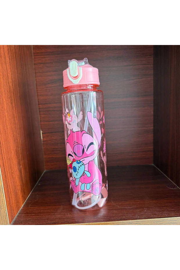 Stitch-Pink Kawaii Stitch Pop-Up Straw Water Bottle Leakproof Portable Sport Sippy Cup Outdoo