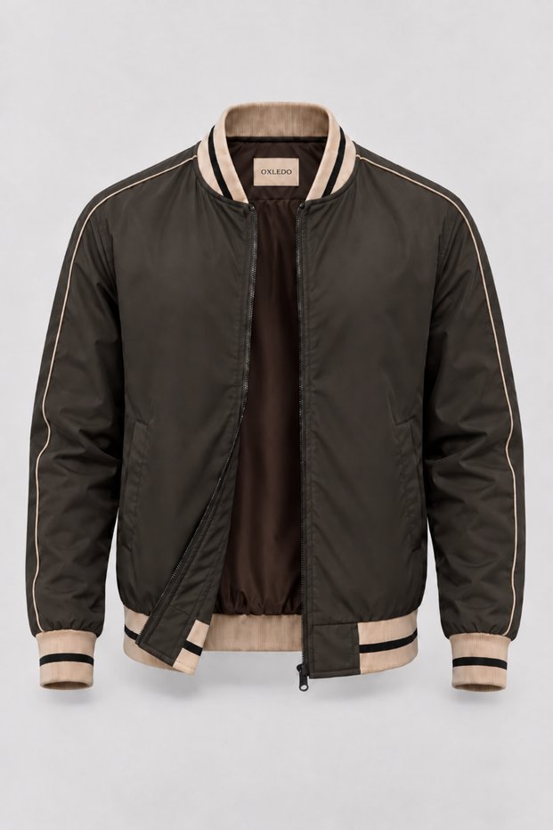 Men's Seasonal Jacket with Contrast Stripes and Ribbed Collar in Brown