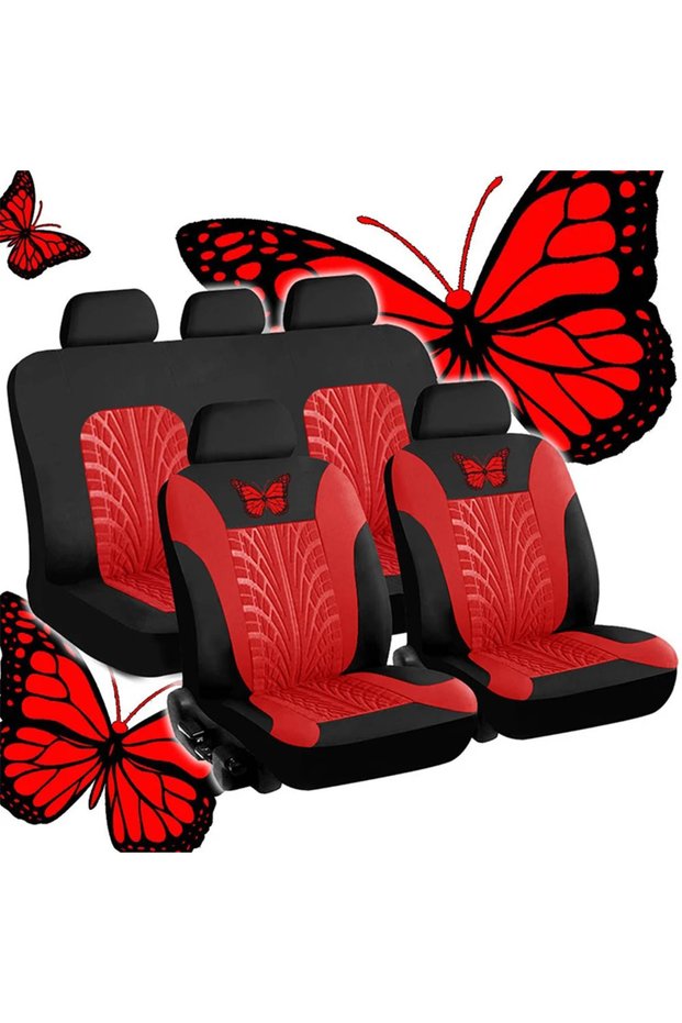 red (5 seat) Car Seat Cover Full Set, Universal Butterfly Pattern Embroidery Auto Seat Cover Set