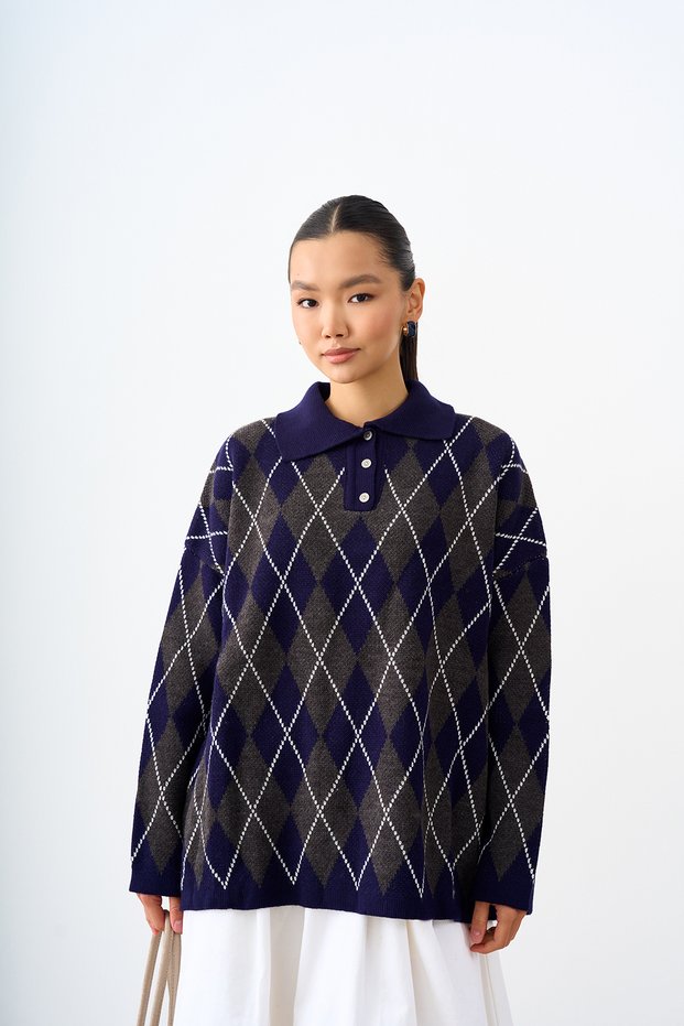 Women's Shirt Collar Half Buttoned Diamond Pattern Knitwear Sweater Navy Blue