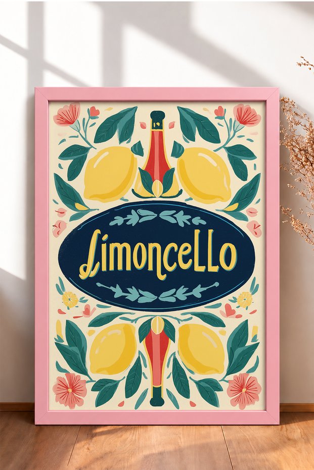 Limoncello Written Lemon and Flower Pattern Framed Painting Italy Poster Wall Decor Itn031
