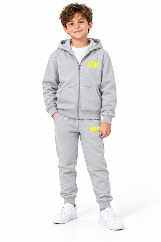 Original Graphic Printed Light Gray Zippered Children's Tracksuit Set Age 8