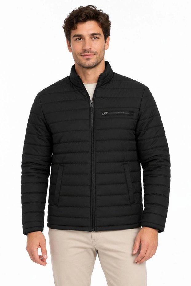 Men's stand collar water repellent puffer quilted three-pocket jacket - black