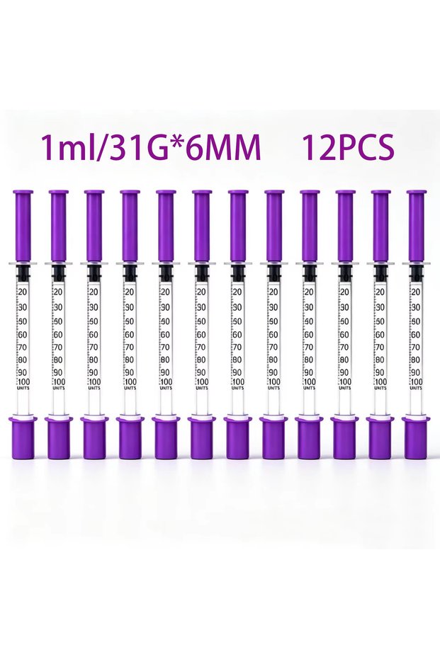1ml 31g 6mm 12pcs 0.5/1 ml, Pink Purple Insulin Syringe, Laboratory Syringe, Individually Package