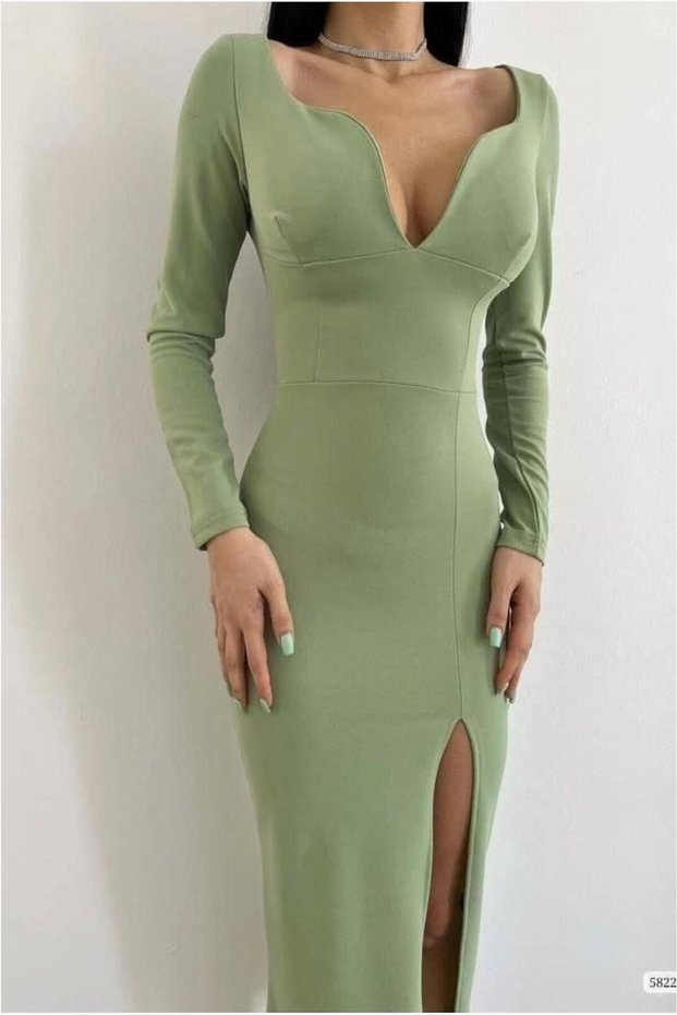 Crepe V Long Sleeve Fabric Collar Slit Dress