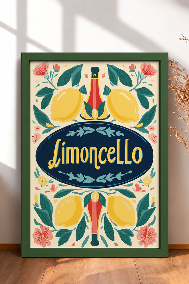Limoncello Written Lemon and Flower Pattern Framed Painting Italy Poster Wall Decor Itn031