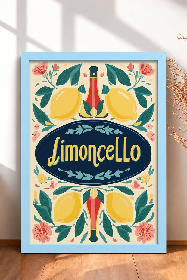 Limoncello Written Lemon and Flower Pattern Framed Painting Italy Poster Wall Decor Itn031