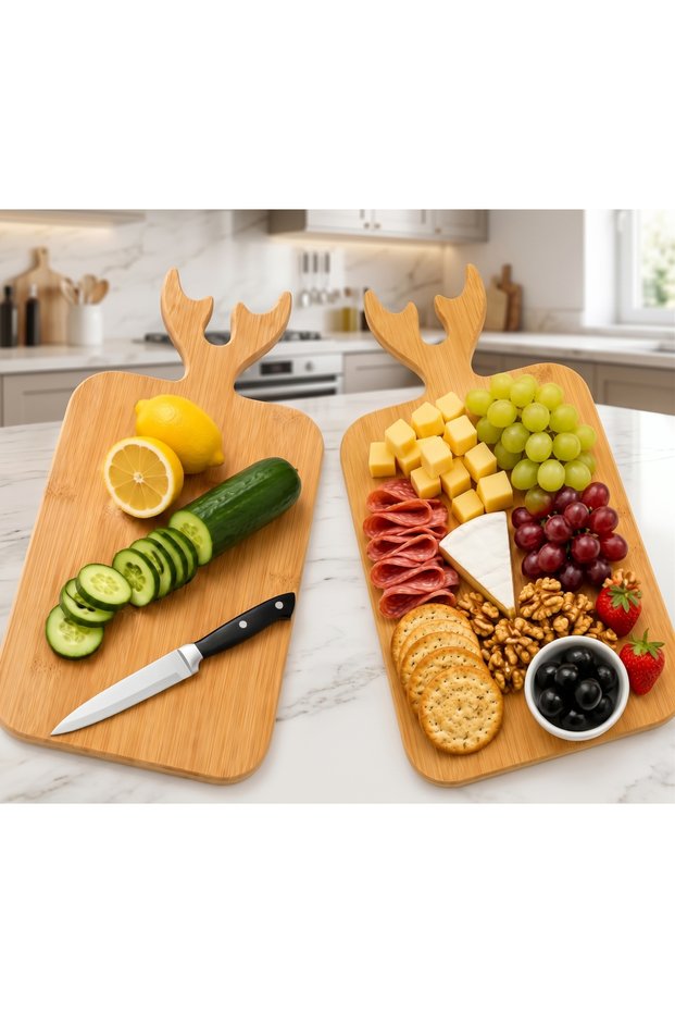 2-Piece Deer Horn Wood Cutting and Presentation Board 37X18 cm | Decorative Serving & Breakfast Board