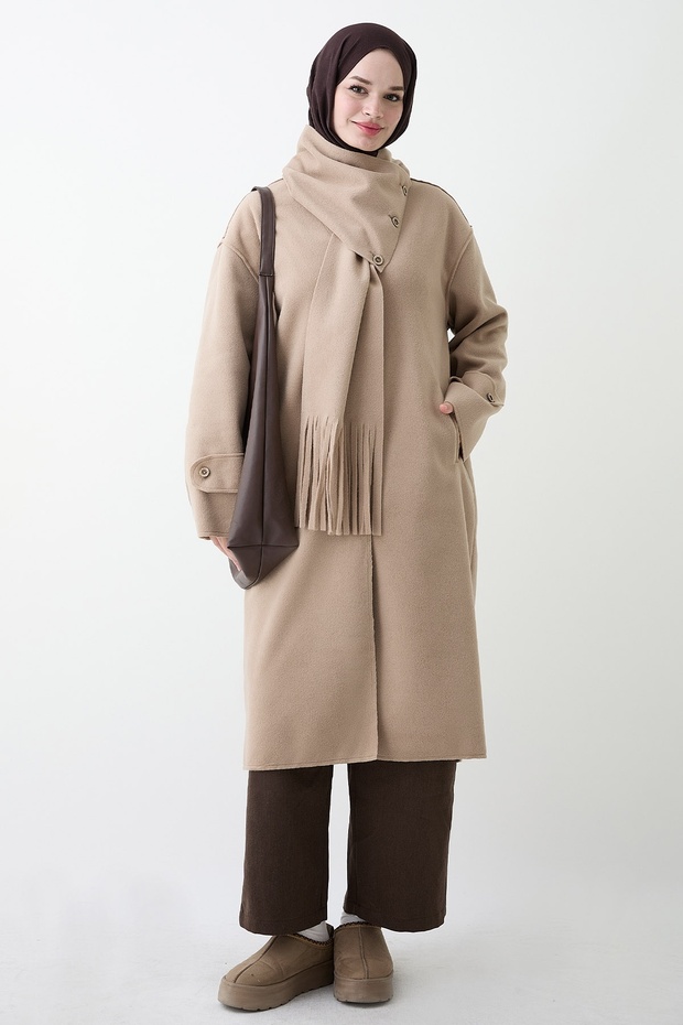 Beige Cashmere Coat with Buttoned Scarf Detail