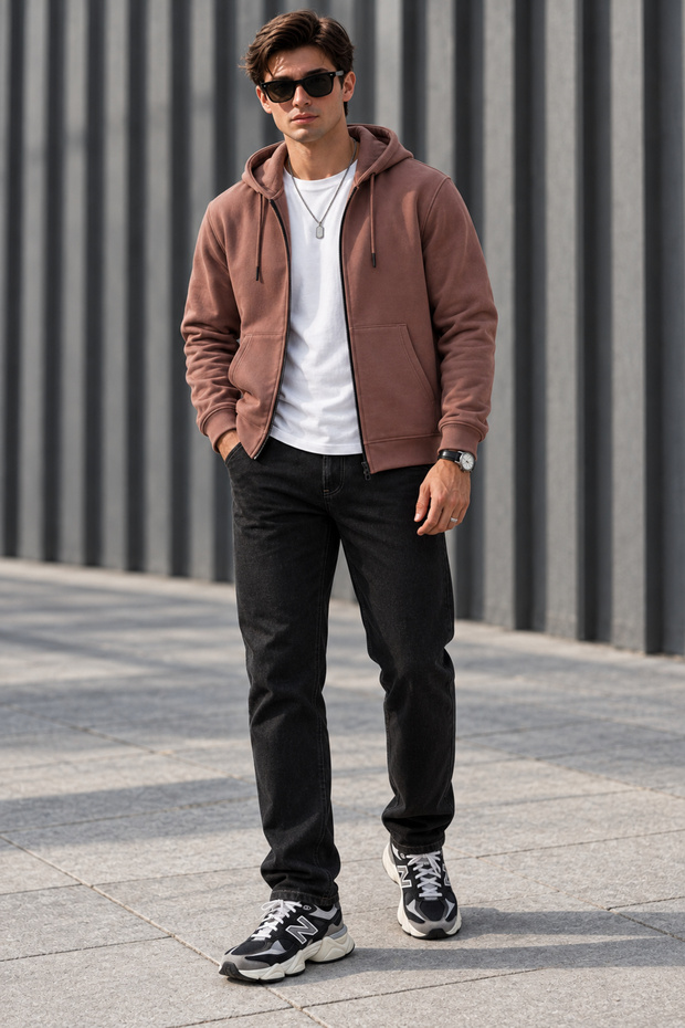 Men's Winter Standard Fit Regular Cut 3 Thread Fleece Lined Hooded Zipper Sweatshirt Jacket