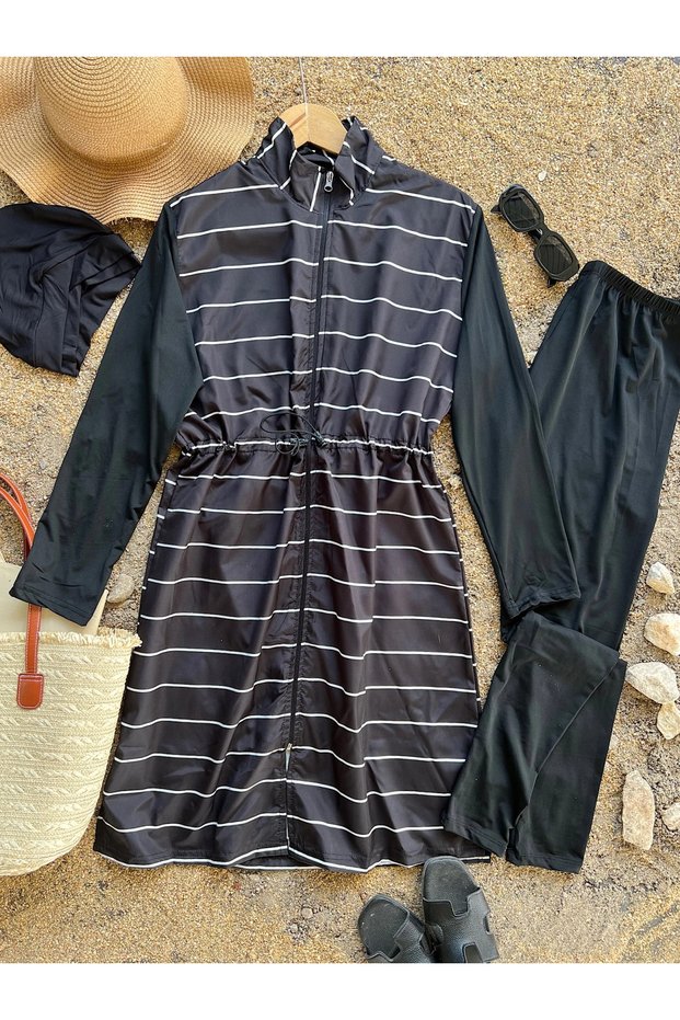 Straight Line Patterned Hijab Swimsuit - Mrt - Black