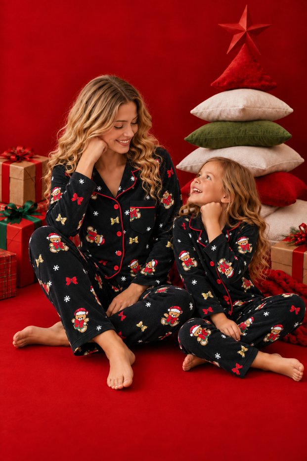 New Year's Pattern Crepe Suede Soft Textured Buttoned Interlaced Mother-Daughter Pajama Set