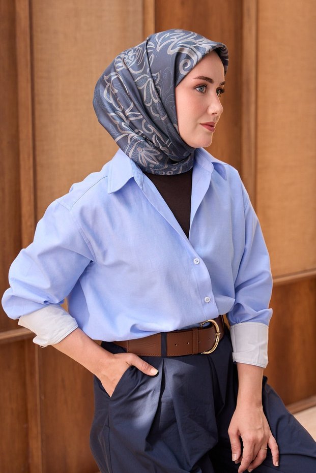 Twill Silk Scarf Floral Paisley Midnight Blue