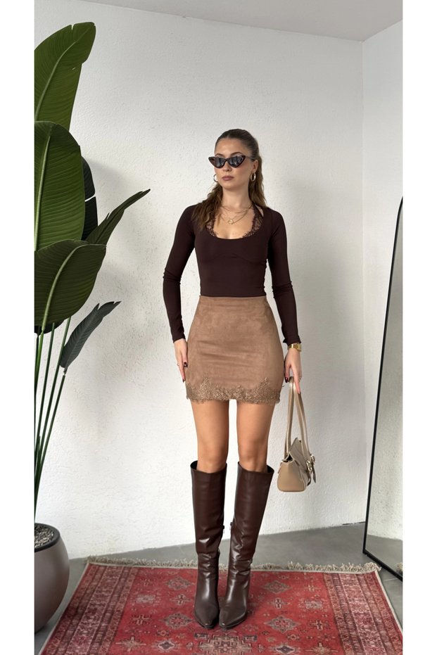 Women's Tan High Lace Detailed Suede Mini Skirt with Lacing at the Hem, Stylish Skirt