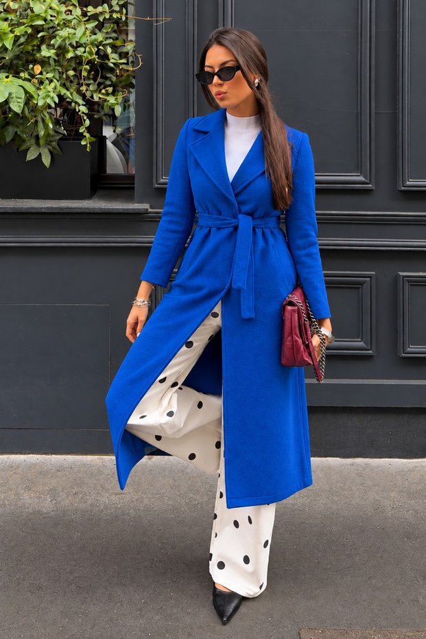Women's Belted Double-Breasted Collar Long Cashmere S.Blue Coat