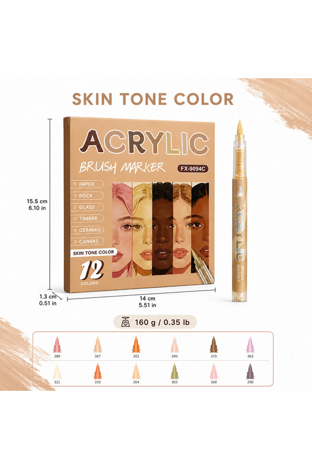 Skin 12 Color Acrylic Paint Marker Set Professional Brush Tip Pens Waterproof Quick-Dry DIY Graffiti