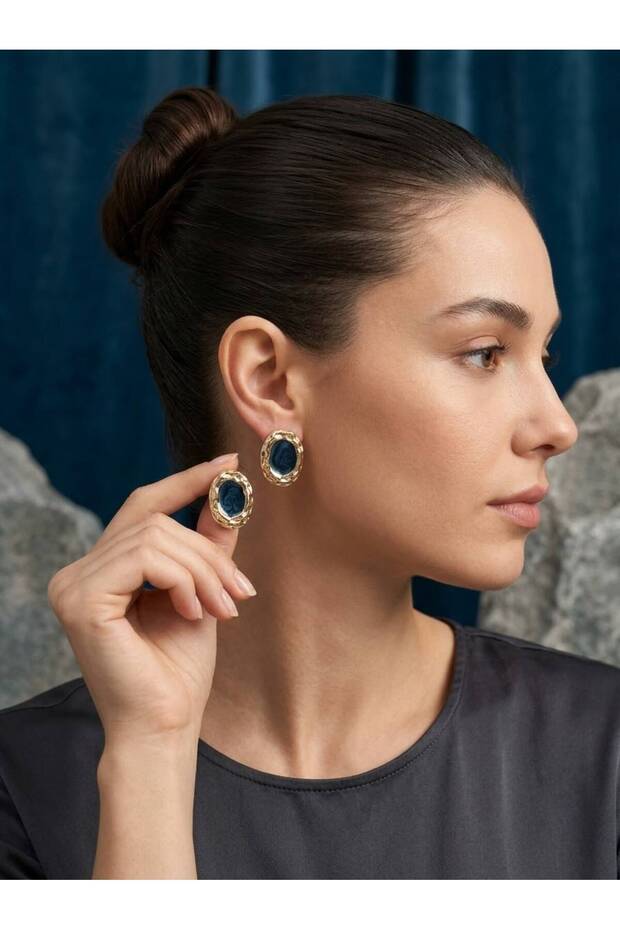 Women's Gold Textured Framed Marbled Oval Enamel Earrings - Pearlescent Green