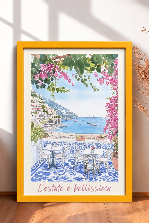 Begonvilli Terrace and Sea View Framed Painting Italy Poster Living Room Kitchen Wall Decor Itn083