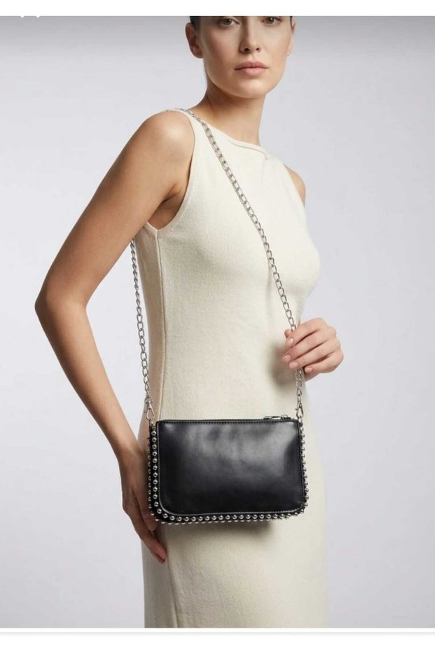 Women's Black 3-Compartment Chain-Strap Crossbody Handbag with Stone Details.
