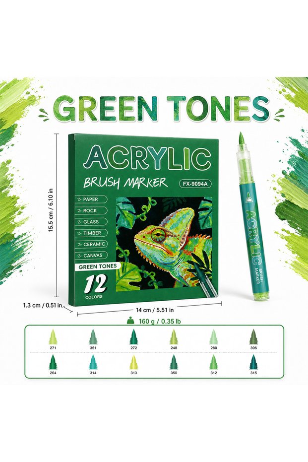 Green 12 Color Acrylic Paint Marker Set Professional Brush Tip Pens Waterproof Quick-Dry DIY Graffit