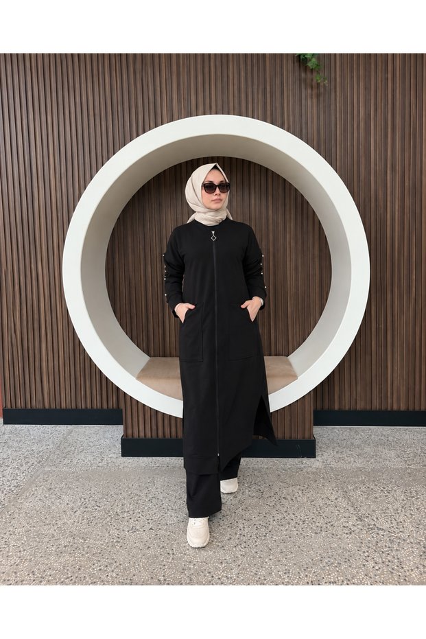 Pearl Detailed Top and Bottom 2-Piece Hijab Tracksuit Set Black