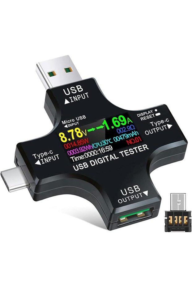 جهاز اختبار طاقة USB C، جهاز اختبار USB C من النوع C 2 في 1 مع شاشة ملونة IPS، مقياس رقمي متعدد الوظائف، جهاز قياس فولتية USB C