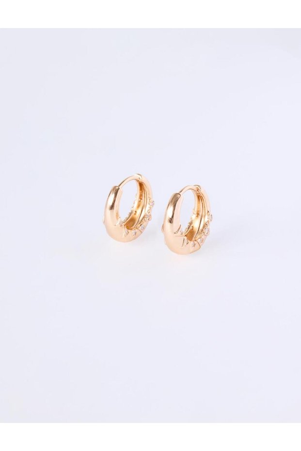 Gold Color Stone Detailed Textured Curved Hoop Earrings