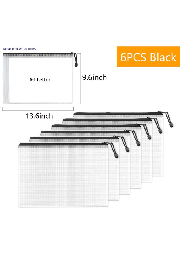 6Pcs A4 Black Waterproof Mesh Zipper Storage Bag A4/A6/B6/B8 File Document Pockets Bill Bags Folders