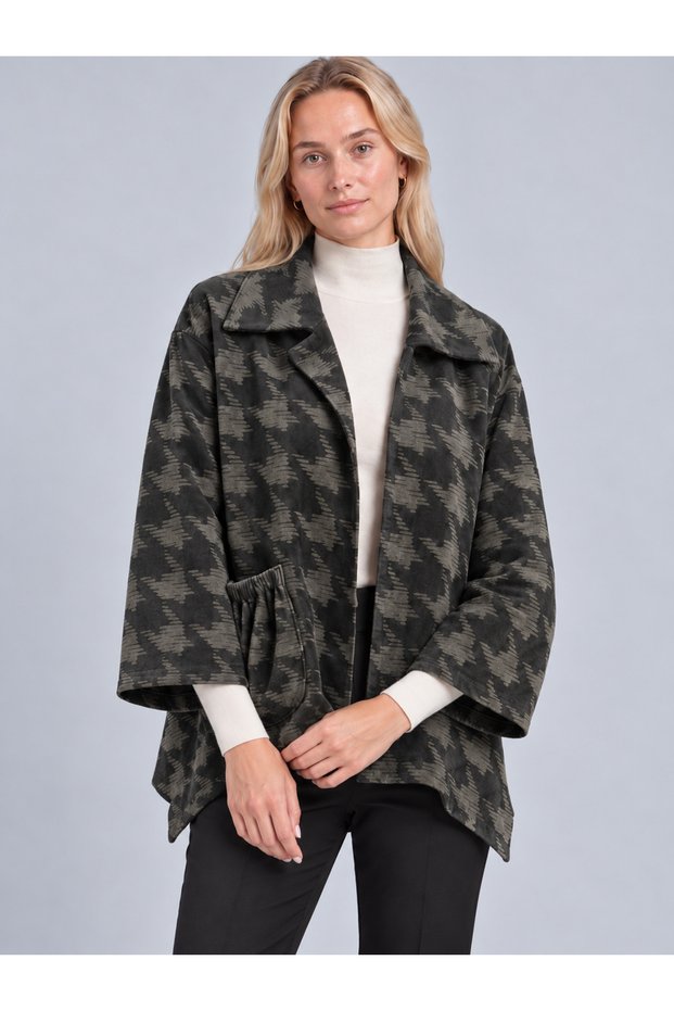 Women's Anthracite Houndstooth Patterned Single Pocket Asymmetrical Velvet Jacket