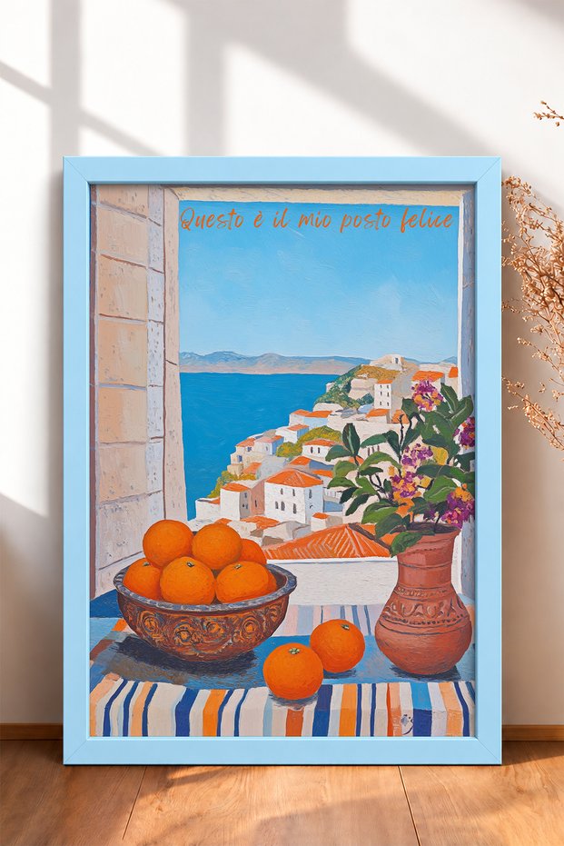 Coastal Town and Oranges from the Window Framed Painting Italy Poster Wall Decor Itn062