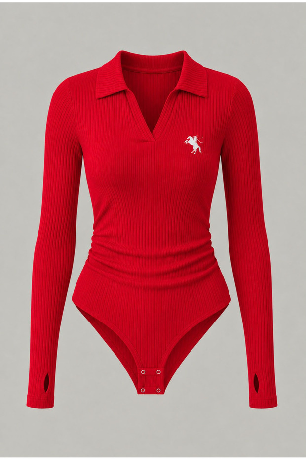 Steed Polo Collar Embroidered Drawstring Detailed Bodysuit with Finger Loop Detail