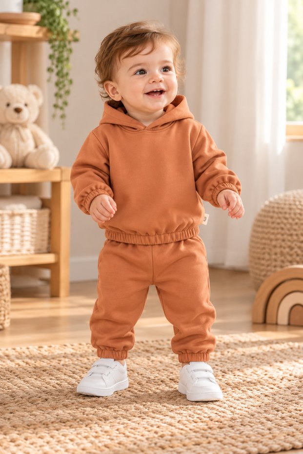 Unisex Baby 100% Cotton Cinnamon Brown Elastic Cuffed Hooded Back Printed Tracksuit Set