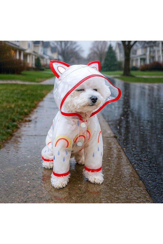 Small Breed Dog Raincoat Transparent Rainbow Patterned Overalls with Ears Raincoat 3 - 3.5 kg