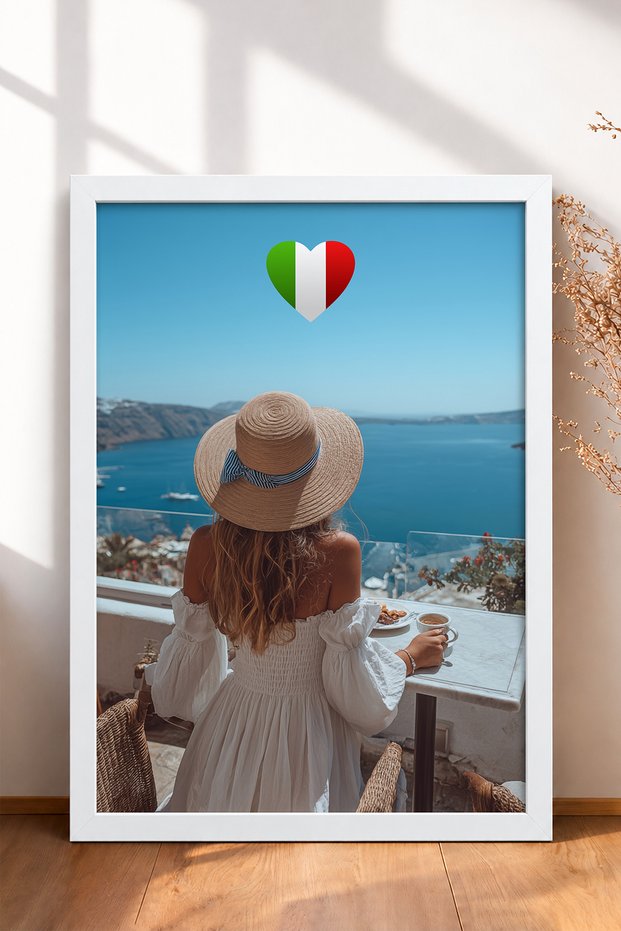 Woman with Straw Hat and Seascape Framed Painting Italy Poster Wall Decor Itn113