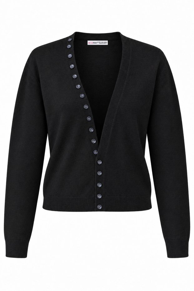 7079 Women's V-Neck Button Detailed Long Sleeve Wool Knitwear Cardigan Black