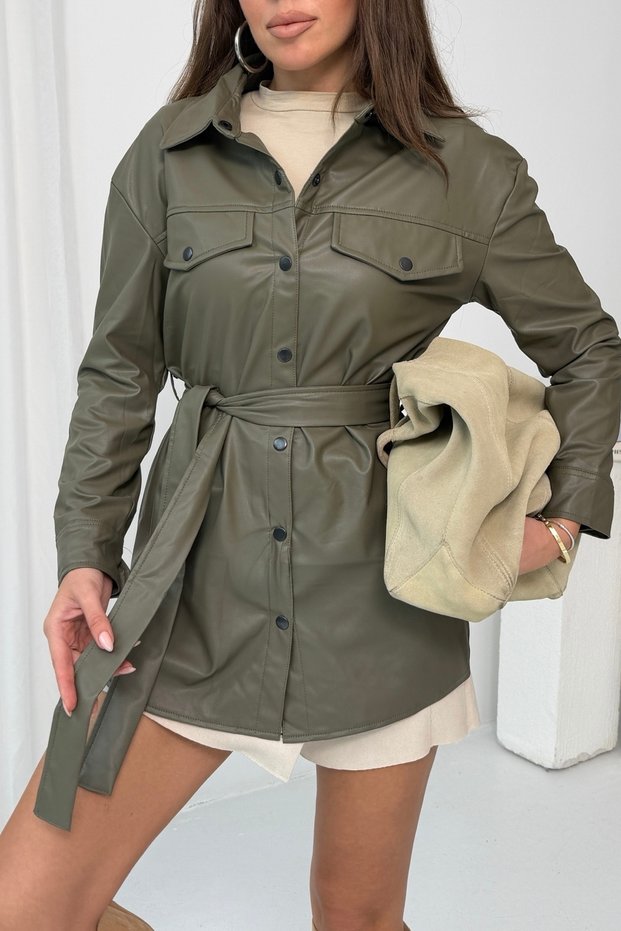 Women's Khaki Belted Faux Leather Jacket Shirt Nj205