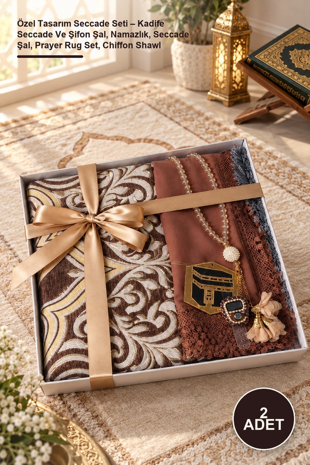 2 Pieces of Specially Designed Prayer Mat Set – Velvet Prayer Mat and Chiffon Shawl, Prayer Rug, Prayer Mat Shawl, Prayer Rug Set, Chiffon Shawl