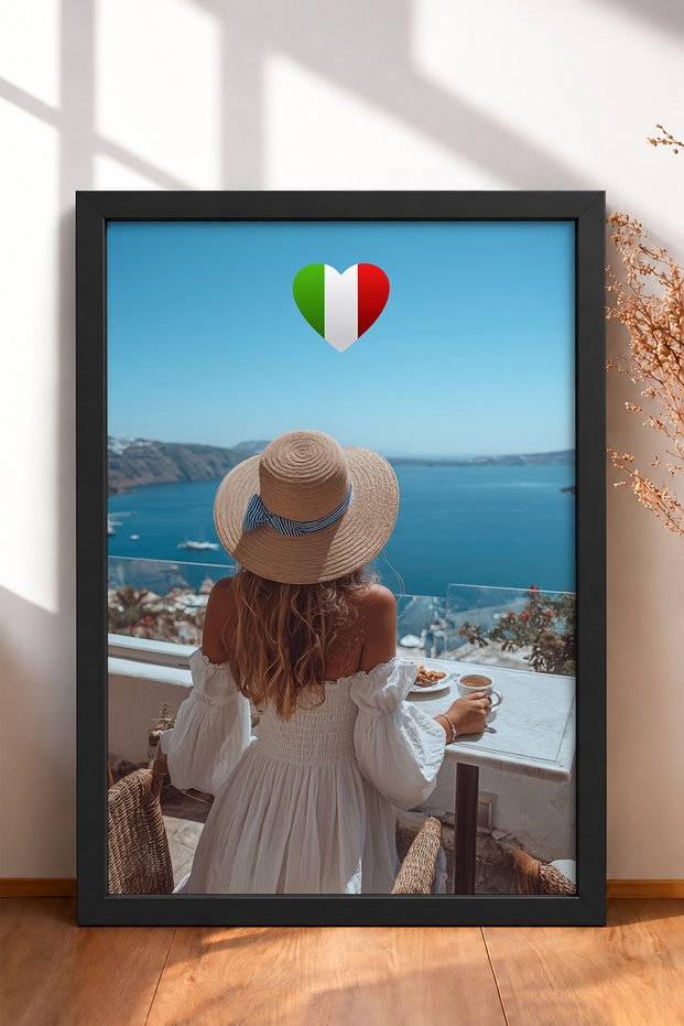 Woman with Straw Hat and Seascape Framed Painting Italy Poster Wall Decor Itn113