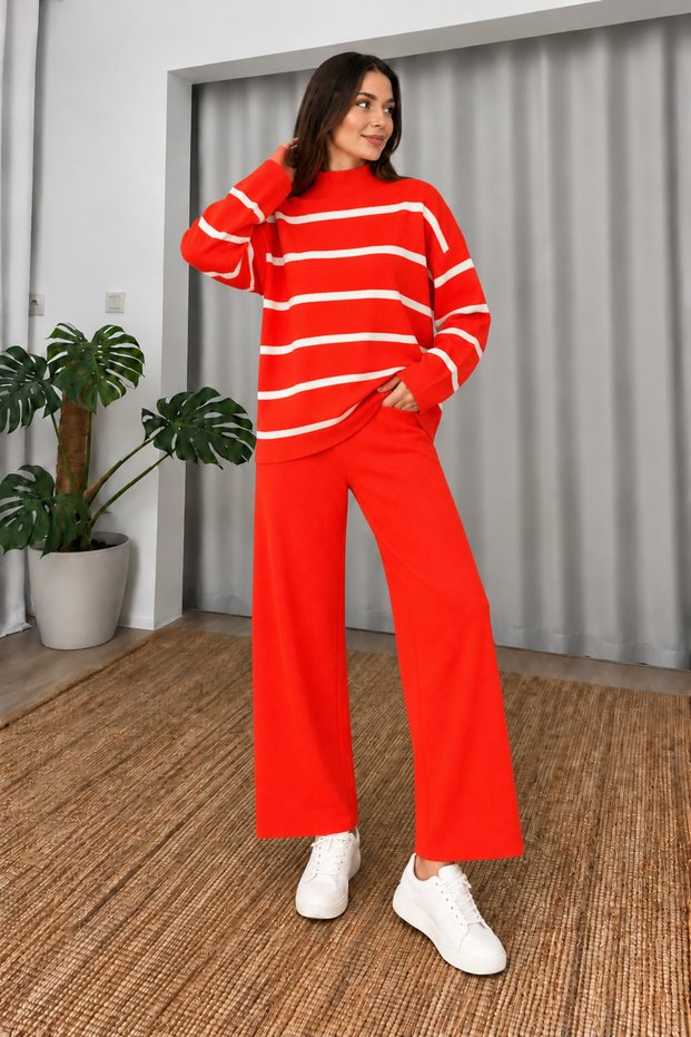 Women's Orange Striped Top and Bottom Knitwear Pants Set Nj201
