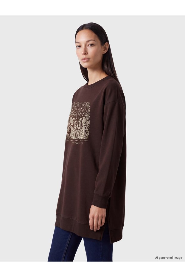 Ozmarka New Season Brown Oversize Printed Women's Sweatshirt Tunic