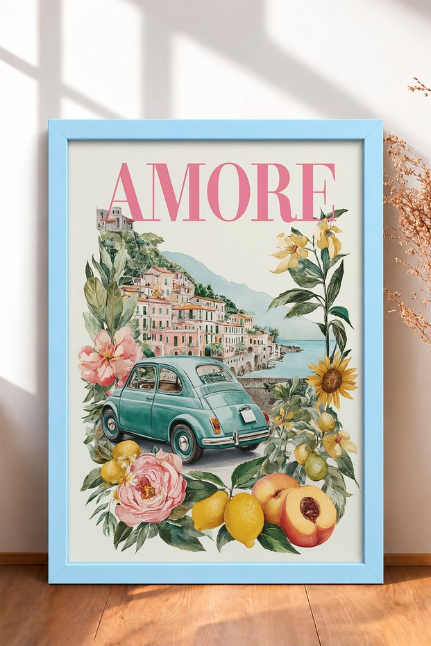 Amore Written Mint Green Classic Car Framed Painting Italy Poster Wall Decor Itn118