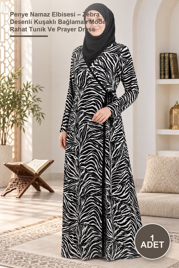 1 Piece Combed Cotton Prayer Dress – Zebra Patterned Belted Tie-Back Model, Comfortable Tunic and Prayer Dress