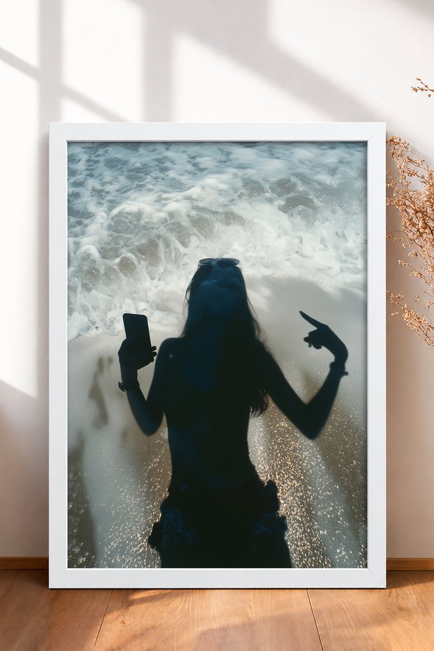 Woman Shadow on the Beach with Phone Framed Painting Italy Poster Living Room Kitchen Wall Decor Itn116