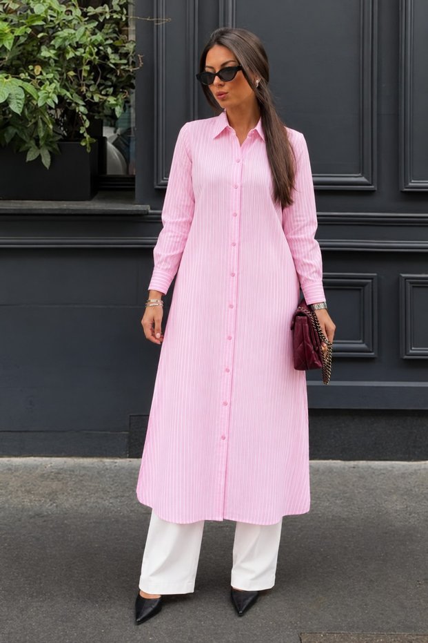 Women's Stylish Buttoned Navy Blue Striped Pink Shirt