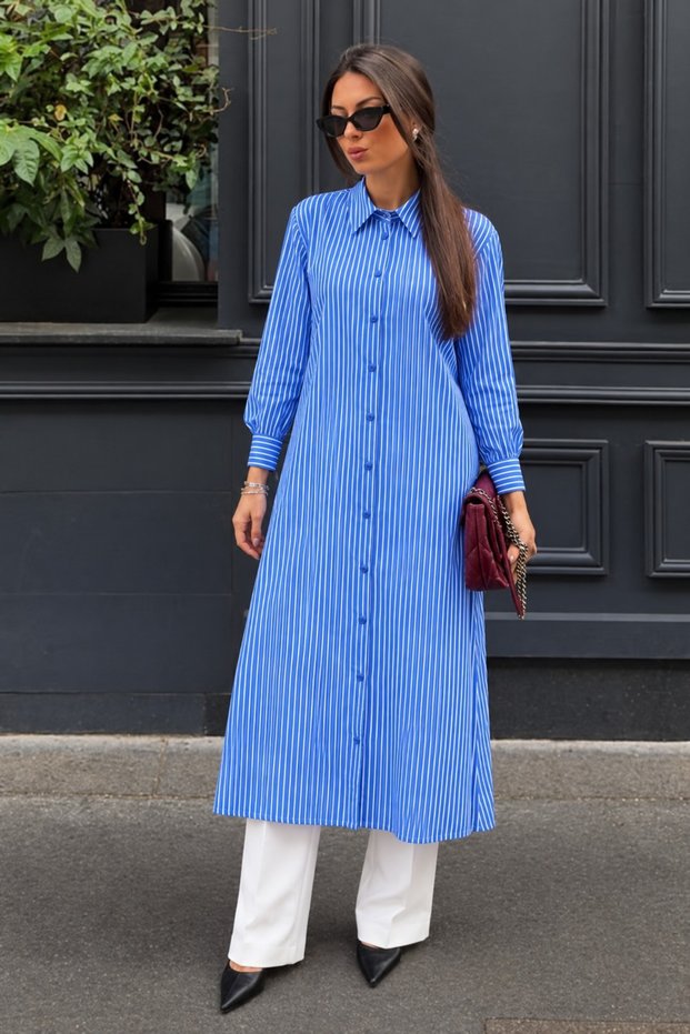 Women's Stylish Buttoned Navy Blue Striped Blue Shirt