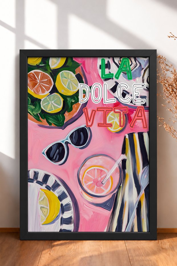 La Dolce Vita Written Pink Tableware Framed Painting Italy Poster Living Room Kitchen Wall Decor Itp004