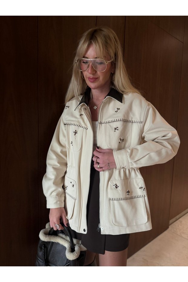 Stone Embroidered Special Design Leather Collared Gabardine Jacket