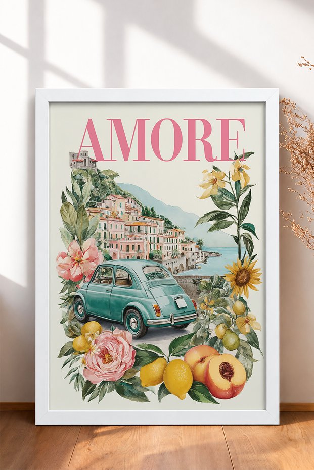 Amore Written Mint Green Classic Car Framed Painting Italy Poster Wall Decor Itn118